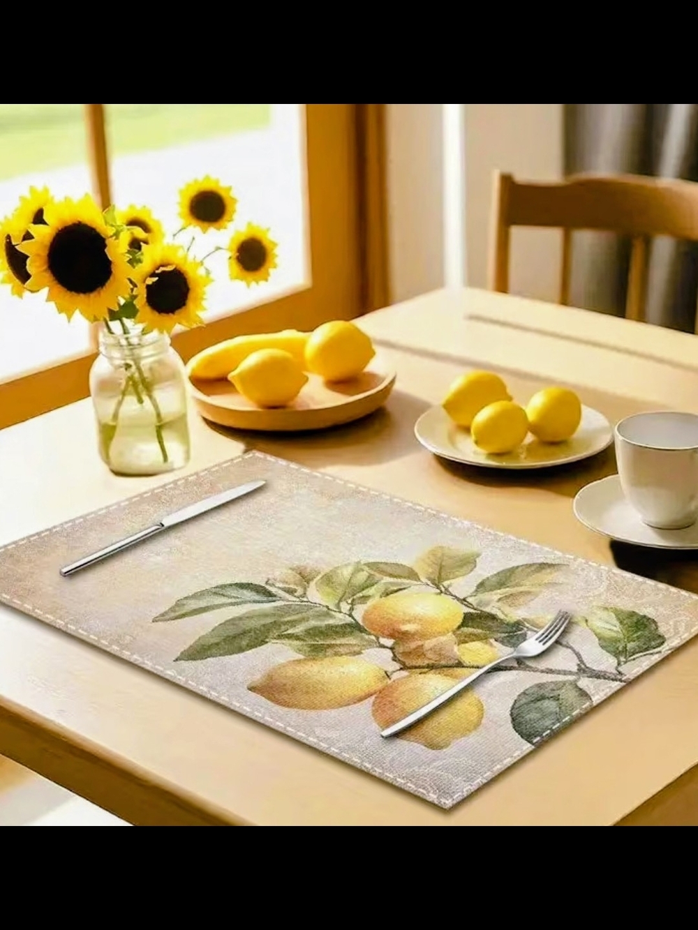 Lemon Print Placemat with Botanical Design - Yellow